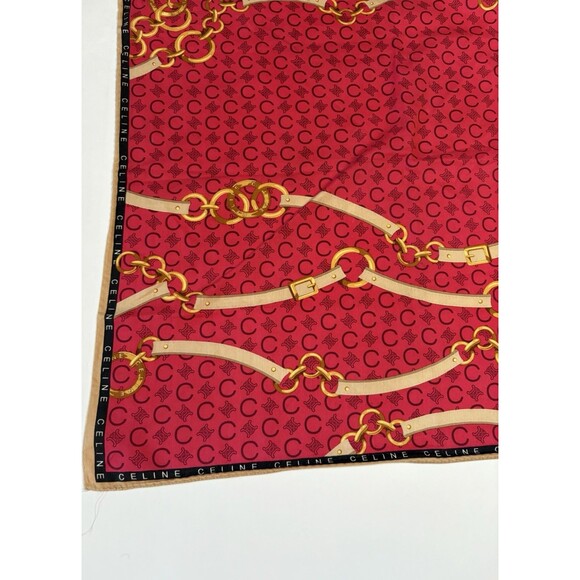 Celine Scarf Red w/ Macadam Monogram Pattern Gold Chains and Belts Vintage - Picture 6 of 8
